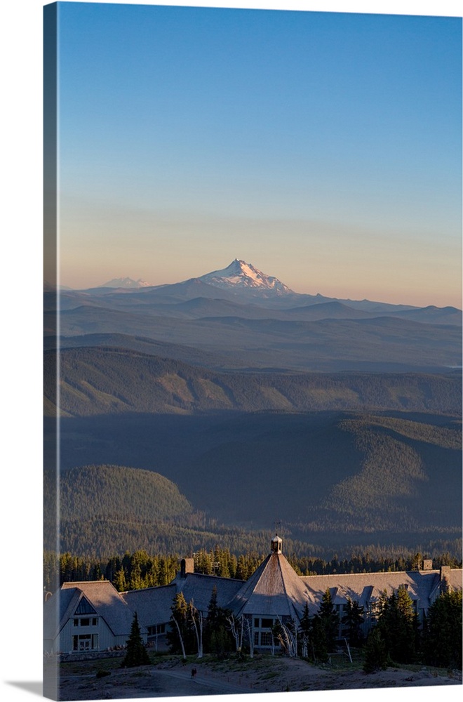 Timberline Lodge hotel and Mount Jefferson seen from Mount Hood, part of the Cascade Range Northwest region, Oregon