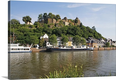 Tour Boats with Castle Ruin in Saarburg on Saar River, Rhineland-Palatinate, Germany