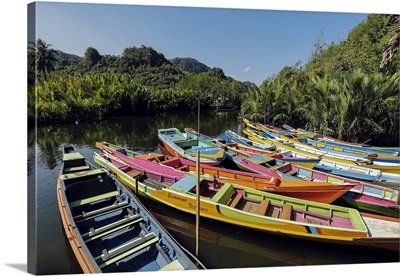 Tourist Tour Boats On Pute River In Karst Limestone Region, Indonesia