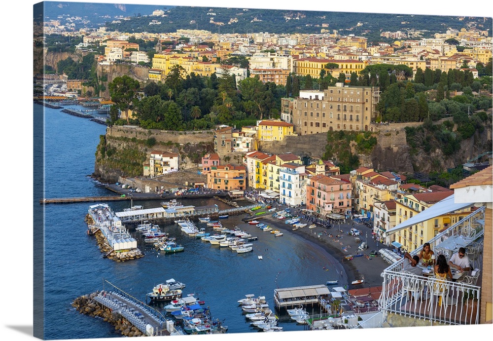 Tourists dining with view of Sorrento, Bay of Naples, Campania, Italy, Mediterranean, Europe