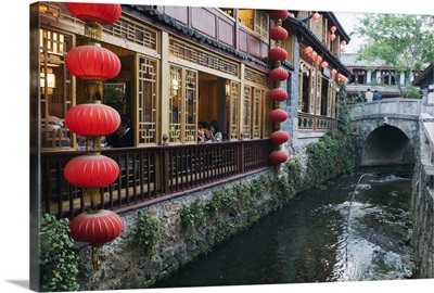 Traditional architecture of riverside restaurant in Lijiang Old Town, Lijiang, China