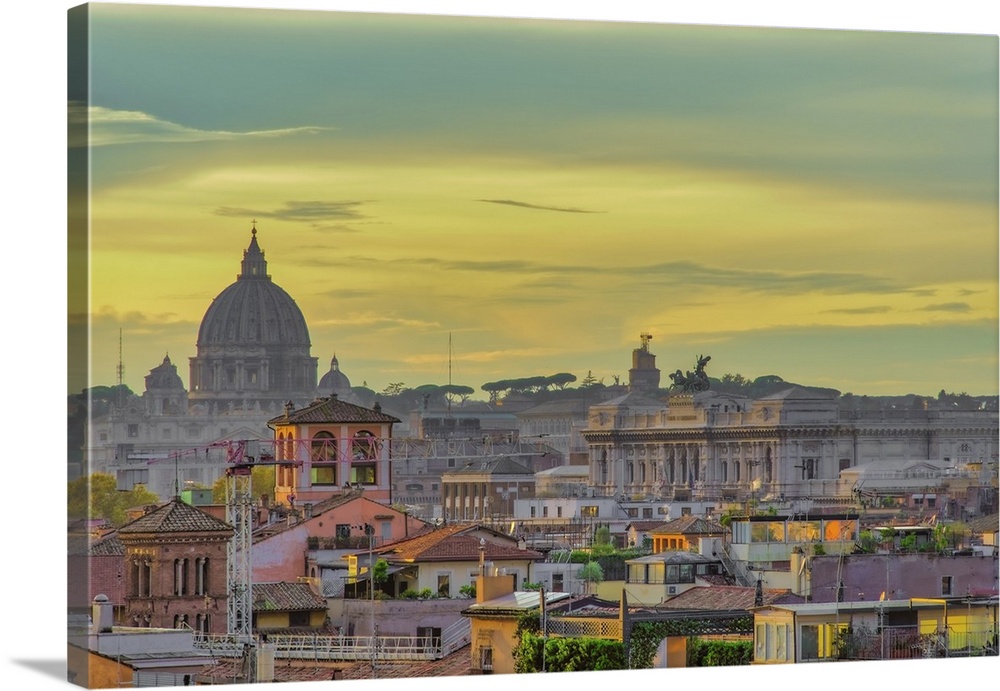 Rooftops landscape panorama with traditional low-rise buildings and St. Peters Basilica dome, golden hour elevated view, R...