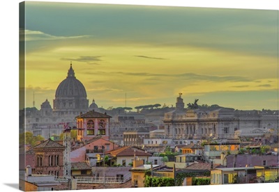 Traditional Low-Rise Buildings And St, Peters Basilica Dome, Golden Hour, Rome, Italy