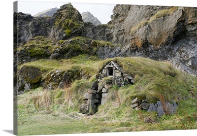 Traditional turf-roofed house at Drangshlid, near Skogar, Iceland