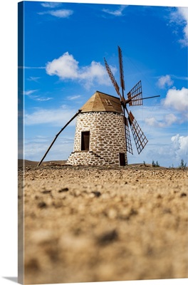 Traditional Windmill In The Landscape Of Tefia, Fuerteventura, Canary Islands, Spain