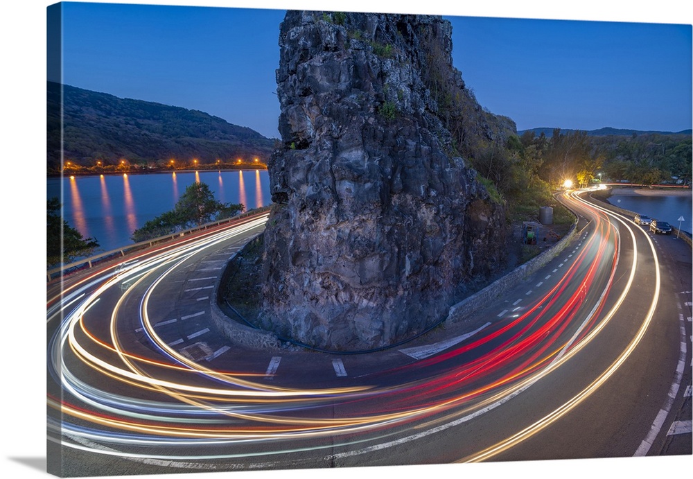 View of trail lights at Baie du Cap from Maconde Viewpoint at dusk, Savanne District, Mauritius, Indian Ocean, Africa
