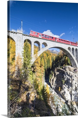Train on viaduct surrounded by woods, Cinuos-Chel, Graubunden, Engadine, Switzerland