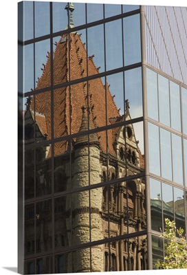 Trinity Church reflected in glass windows of the Hancock Tower, Boston, MA, USA