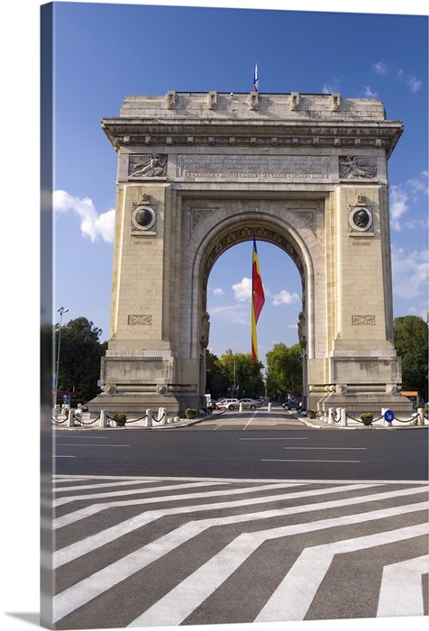 Triumphal Arch Arcul De Triumf And Romanian Flag Bucharest Romania Wall Art Canvas Prints Framed Prints Wall Peels Great Big Canvas