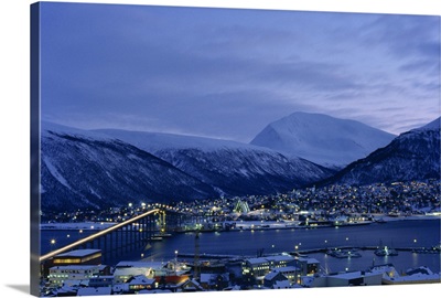 Tromso and its bridge to the mainland at dusk, Arctic Norway, Scandinavia