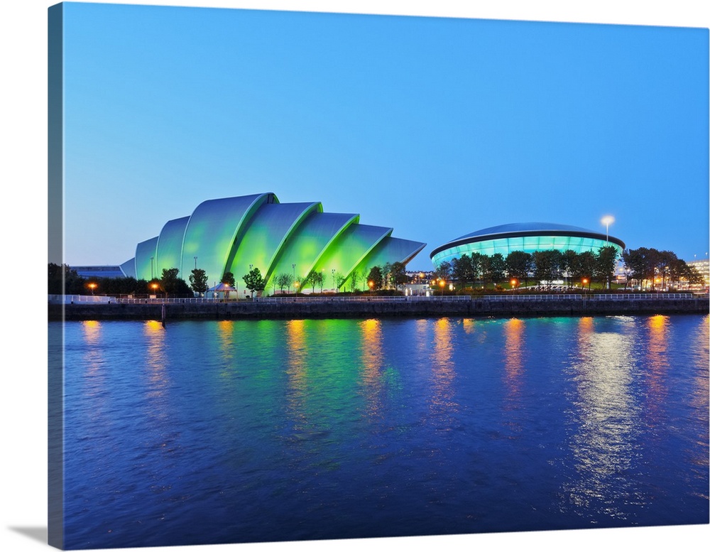 Twilight view of The Clyde Auditorium and the Hydro, Glasgow, Scotland, United Kingdom, Europe