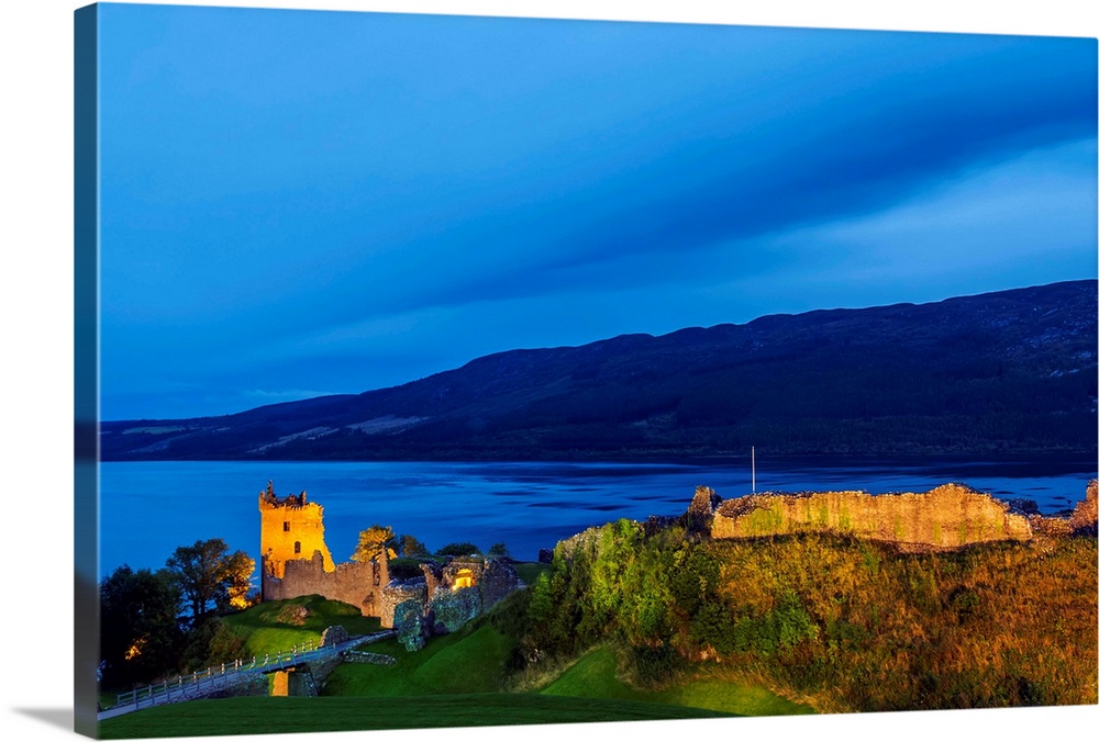 Twilight view of Urquhart Castle and Loch Ness, Highlands, Scotland, United Kingdom, Europe