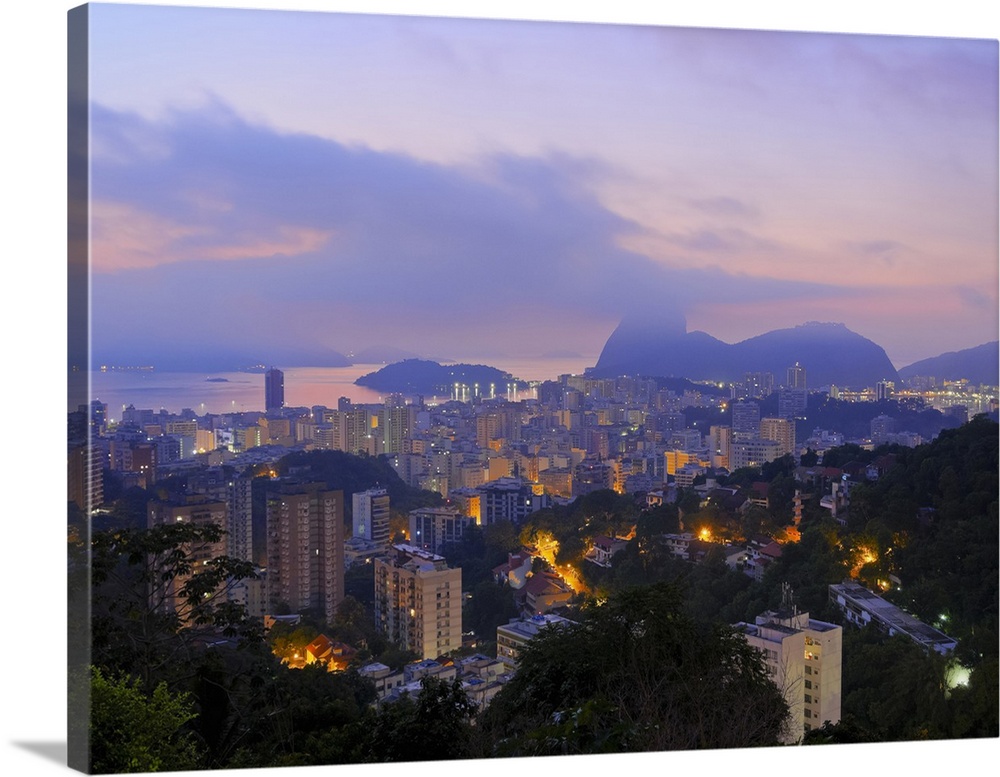 Twilight view over Laranjeiras towards Sugarloaf Mountain, Pereira da Silva, Rio de Janeiro, Brazil, South America