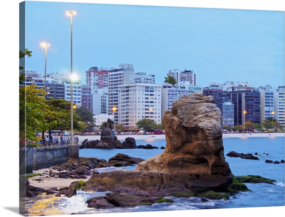 Twilight view towards Icarai Beach with skyline of Niteroi, State of Rio de Janeiro, Brazil, South America