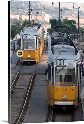 Two trams in Budapest, Hungary