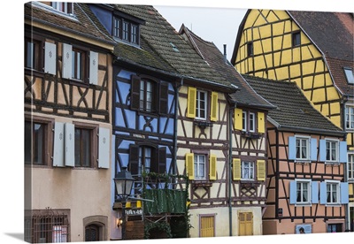 Typical architecture and colored facade of house in the old town, Alsace, France
