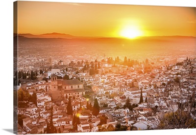 Vibrant Red And Orange Sunset Over The Albaicin, Granada, Andalucia, Spain