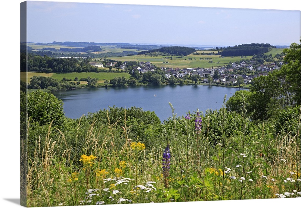 View across Schalkenmehren Maar towards Schalkenmehren, Eifel, Rhineland-Palatinate, Germany