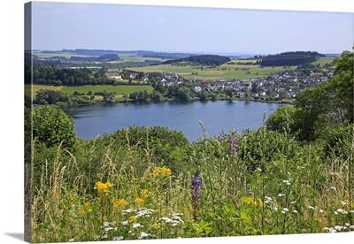 View across Schalkenmehren Maar, Eifel, Rhineland-Palatinate, Germany
