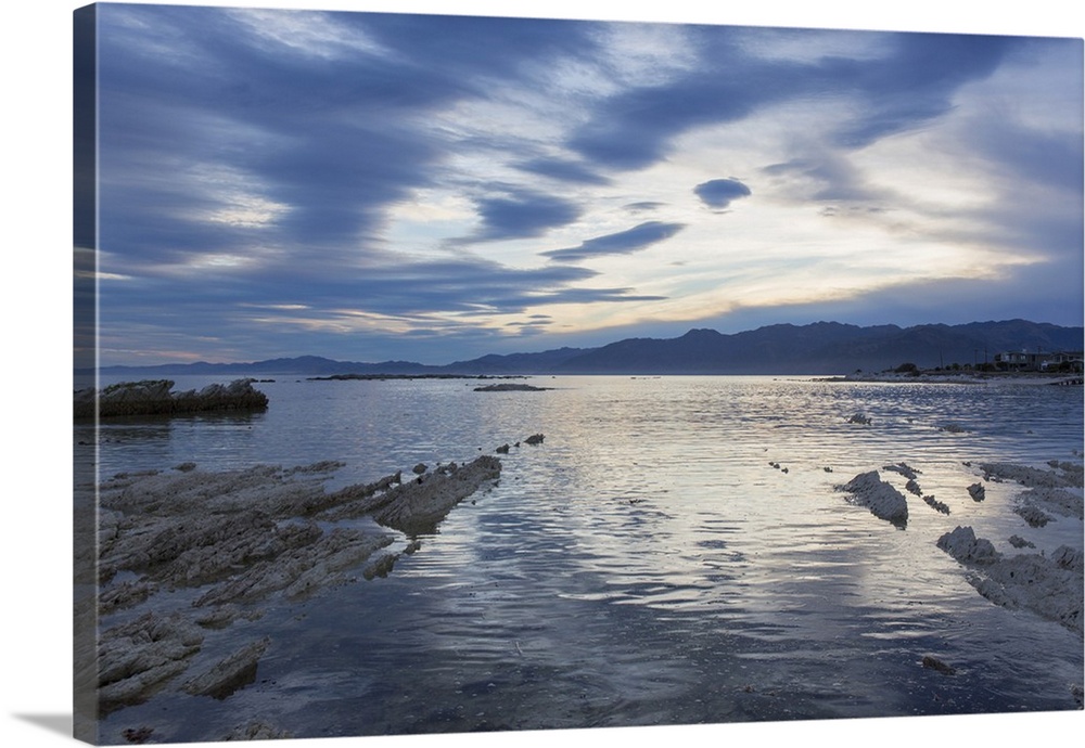 View across the tranquil waters of South Bay at dusk, Kaikoura, Canterbury, South Island, New Zealand, Pacific