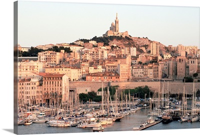 View across the Vieux Port to Basilica of Notre Dame de la Garde, Marseille, France