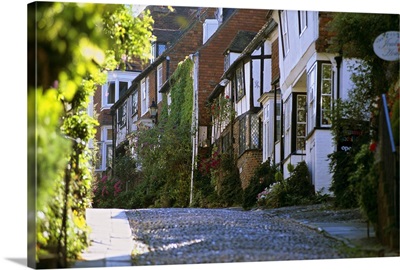 View along cobbled Mermaid Street, Rye, East Sussex, England