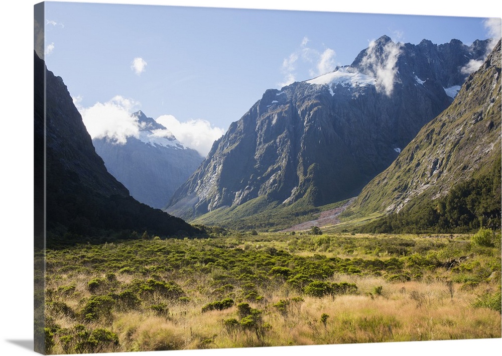 View along the Hollyford Valley to West Peak and Mount Talbot, Fiordland National Park, UNESCO World Heritage Site, Southl...