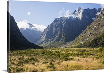 View along the Hollyford Valley to West Peak and Mount Talbot, New Zealand