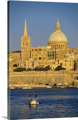 View at sunset to Valletta with Dome of Carmelite Church, Valletta, Malta, Mediterranean