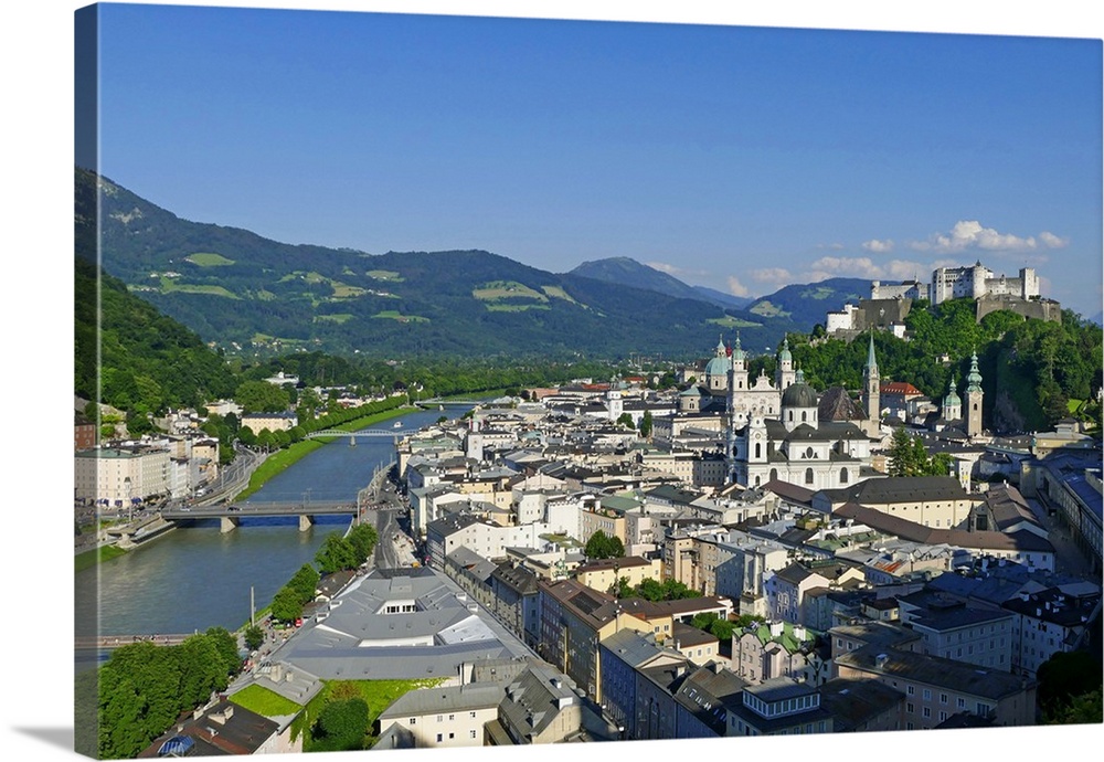 View from Moenchsberg Hill across Salzach River with Cathedral, Collegiate Church and Fortress Hohensalzburg, Salzburg, Au...