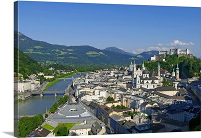 View from Moenchsberg Hill across Salzach River, Salzburg, Austria