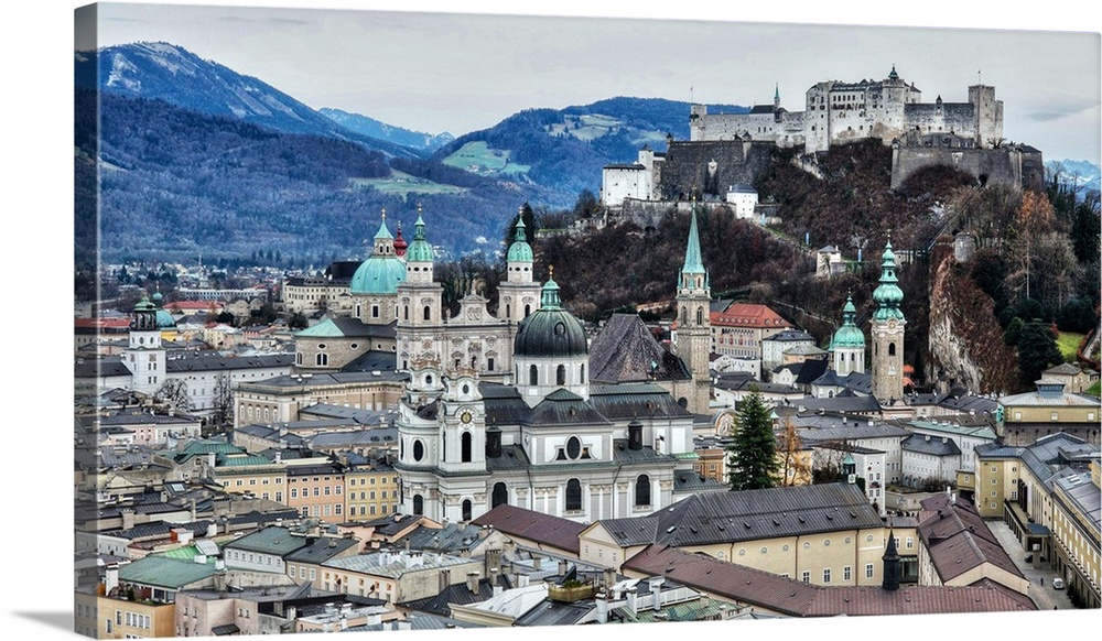 View from Monchsberg Hill towards old town, Salzburg, Austria