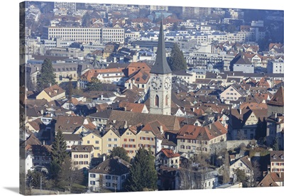 View of bell tower of Church of St. Martin and the city of Chur, Switzerland