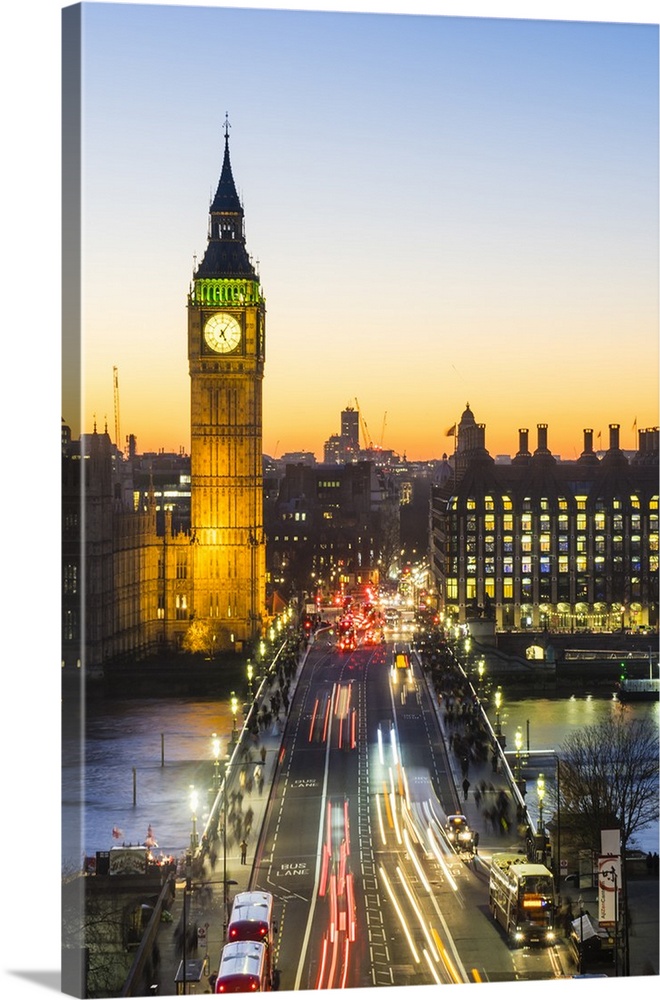 High angle view of Big Ben, the Palace of Westminster and Westminster Bridge at dusk, London, England