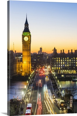 View of Big Ben, the Palace of Westminster and Westminster Bridge at dusk, London