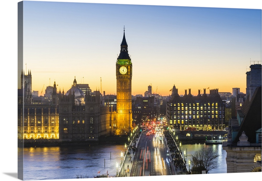 High angle view of Big Ben, the Palace of Westminster and Westminster Bridge at dusk, London, England