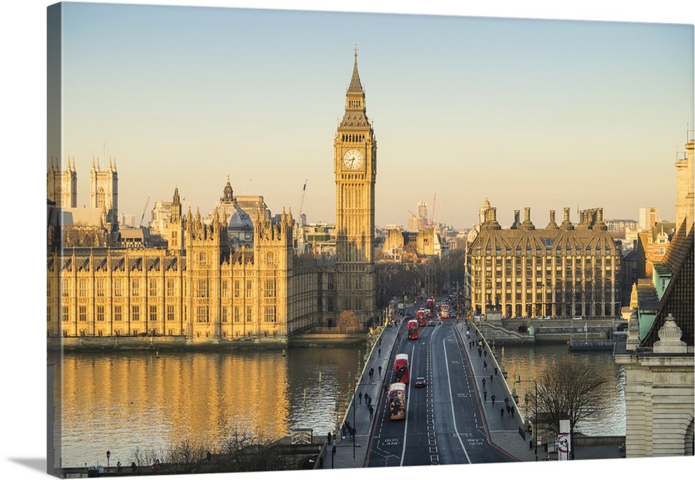 High angle view of Big Ben, the Palace of Westminster, and Westminster Bridge, London, England