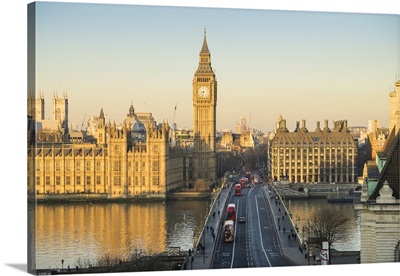 View of Big Ben, the Palace of Westminster, and Westminster Bridge, London, England