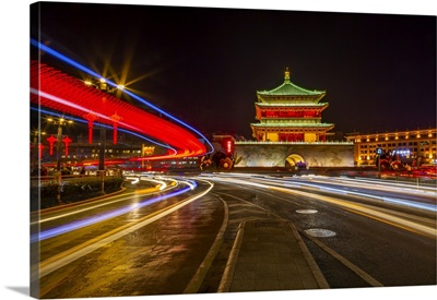 View Of Famous Bell Tower In Xi'an City Centre At Night, Xi'an, Shaanxi Province, Asia