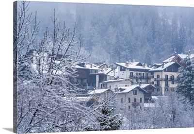 View Of Frosted Trees And Chalets In Dolonne, Courmayeur, Aosta Valley, Italy
