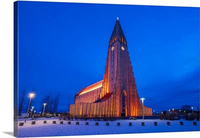 View Of Hallgrimskirkja Church Illuminated At Dusk In Winter, Reykjavik, Iceland