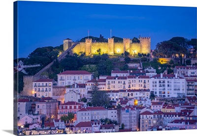 View Of Lisbon Castle From Miradouro De Sao Pedro De Alcantara At Dusk, Lisbon, Portugal