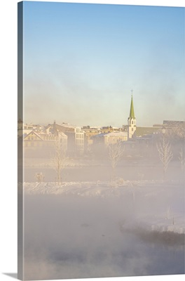 View Of Morning Mist In Tjornin Park And Lutheran Free Church, Reykjavik, Iceland image thumbnail