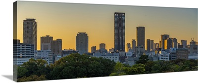 View Of Osaka Skyline From Osaka Castle At Sunset, Chuo Ward, Osaka, Honshu, Japan