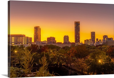 View Of Osaka Skyline From Osaka Castle At Sunset, Chuo Ward, Osaka, Honshu, Japan