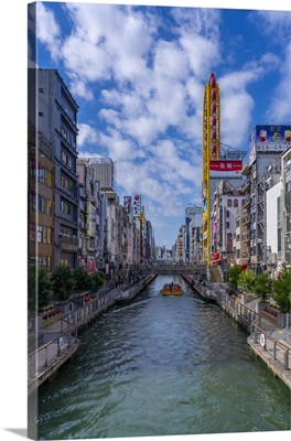 View Of Restaurants And Tour Boat In Dotonbori, Osaka, Honshu, Japan