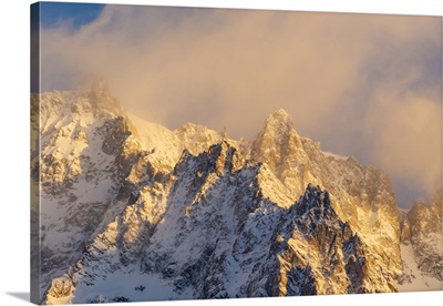 View Of Snow Covered Mountains From Courmayeur At Sunrise In Winter, Italy