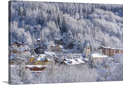 View Of Snow Covered Trees And Courmayeur From Dolonne In Winter, Italy