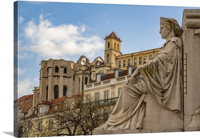 View Of South Fountain In Praca Do Rossio And Carmo Archaeological Museum, Portugal
