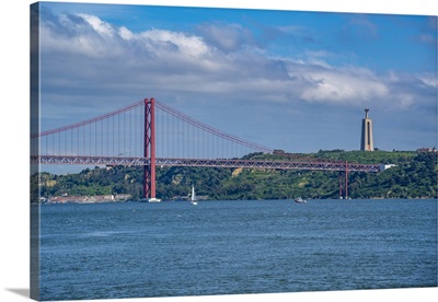 View Of Tagus River And 25 April Bridge On A Sunny Day, Lisbon, Portugal